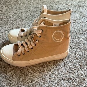 Beige High-Top Canvas Sneakers with Smiley Accent
